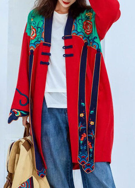 Ethnic Style Red V Neck Embroideried Patchwork trench Coats Long Sleeve