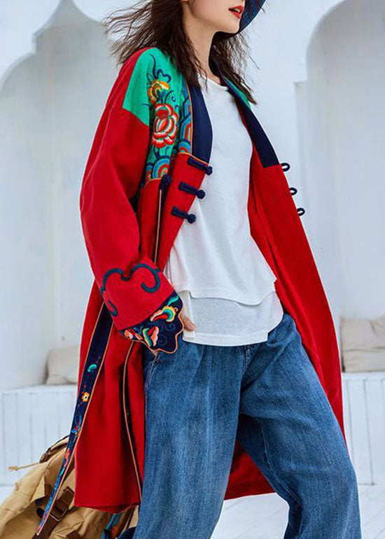 Ethnic Style Red V Neck Embroideried Patchwork trench Coats Long Sleeve