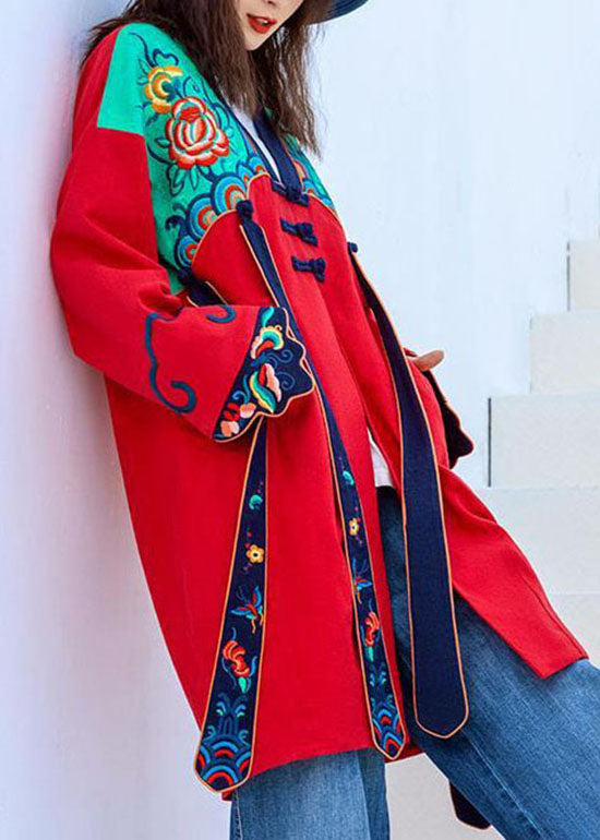 Ethnic Style Red V Neck Embroideried Patchwork trench Coats Long Sleeve