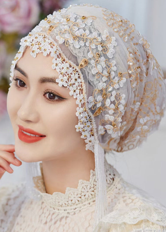 Ethnic Style White Embroideried Tasseled Silk Bonnie Hat