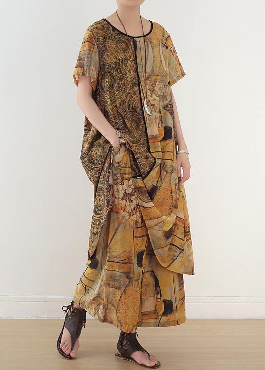 Ethnic Yellow Printed Women Mid Length + Loose Wide Leg Pants Suit - Omychic