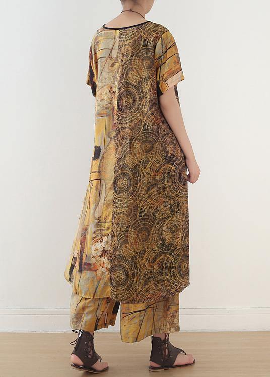 Ethnic Yellow Printed Women Mid Length + Loose Wide Leg Pants Suit - Omychic