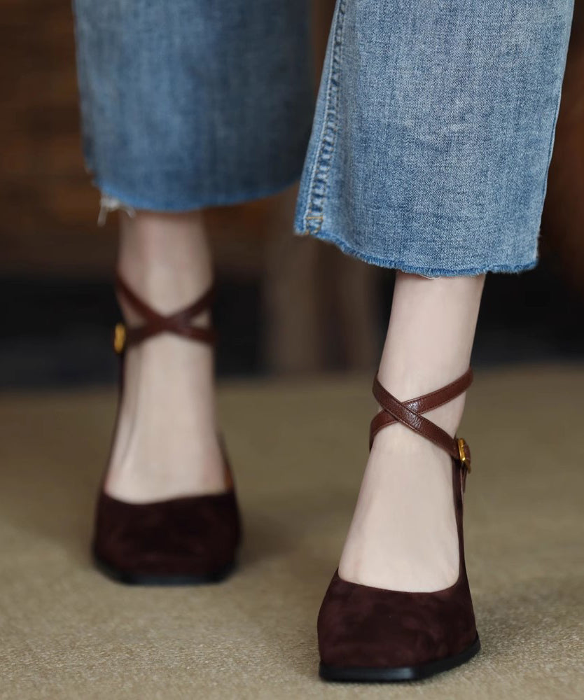 European And American Style Brown Buckle Strap Suede Chunky High Heels