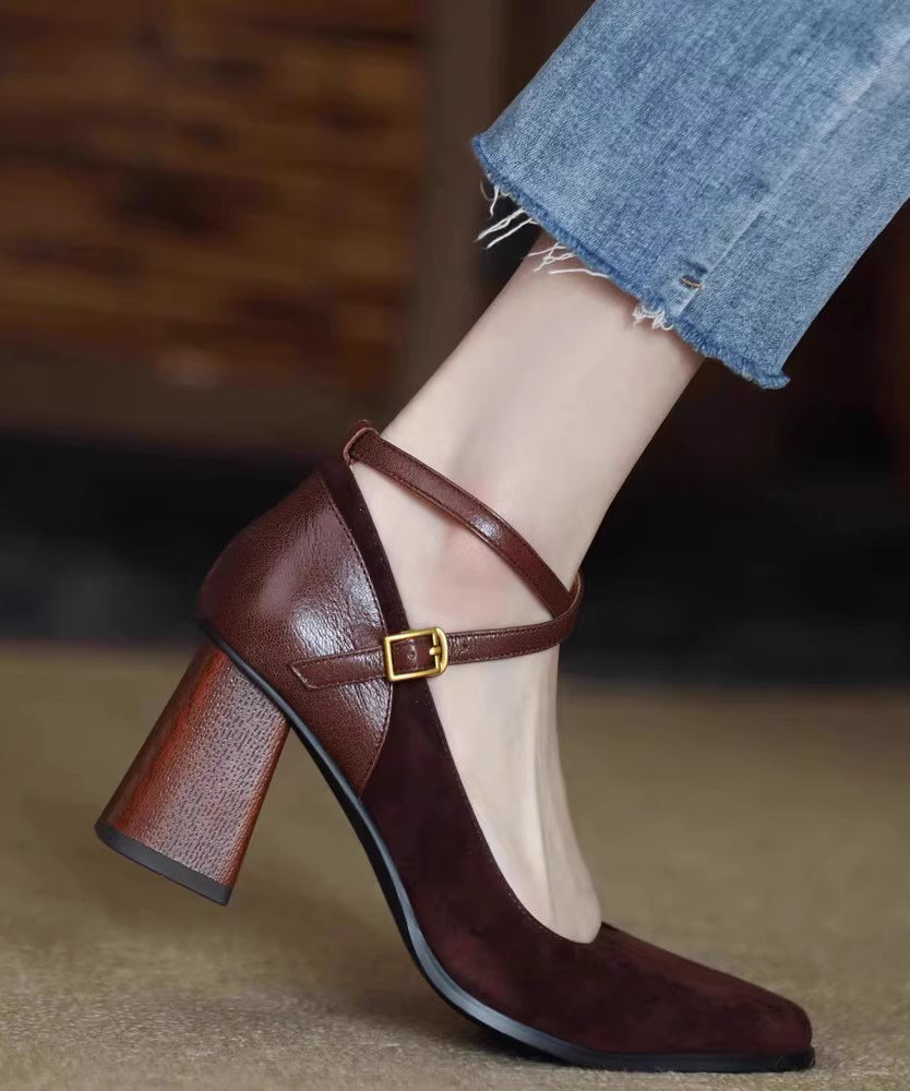 European And American Style Brown Buckle Strap Suede Chunky High Heels