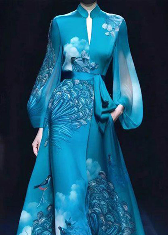 Exquisite Blue Stand Collar Printed Tie Waist Dress Autumn