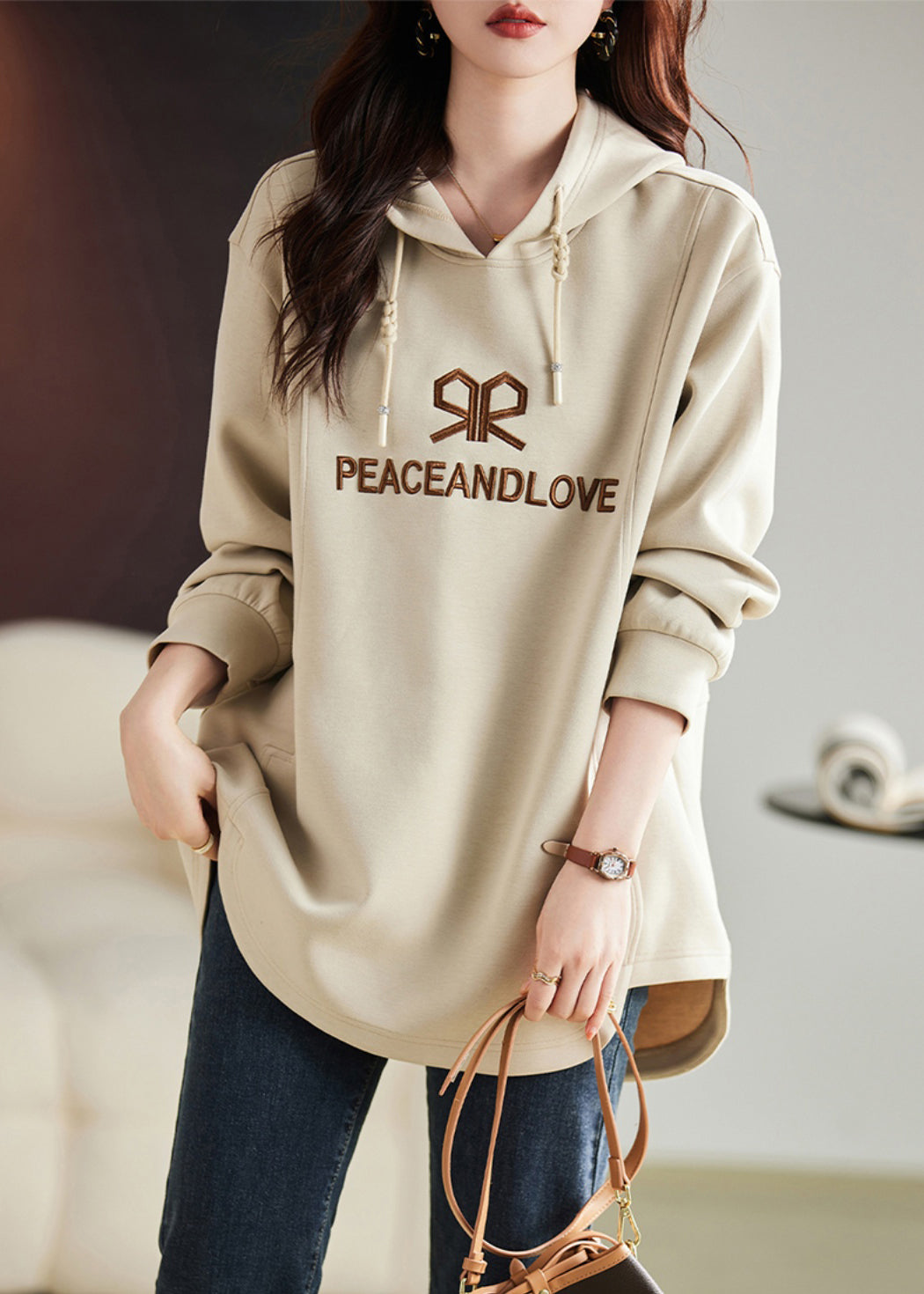 Fashion Apricot Embroideried Cotton Sweatshirts Top Spring