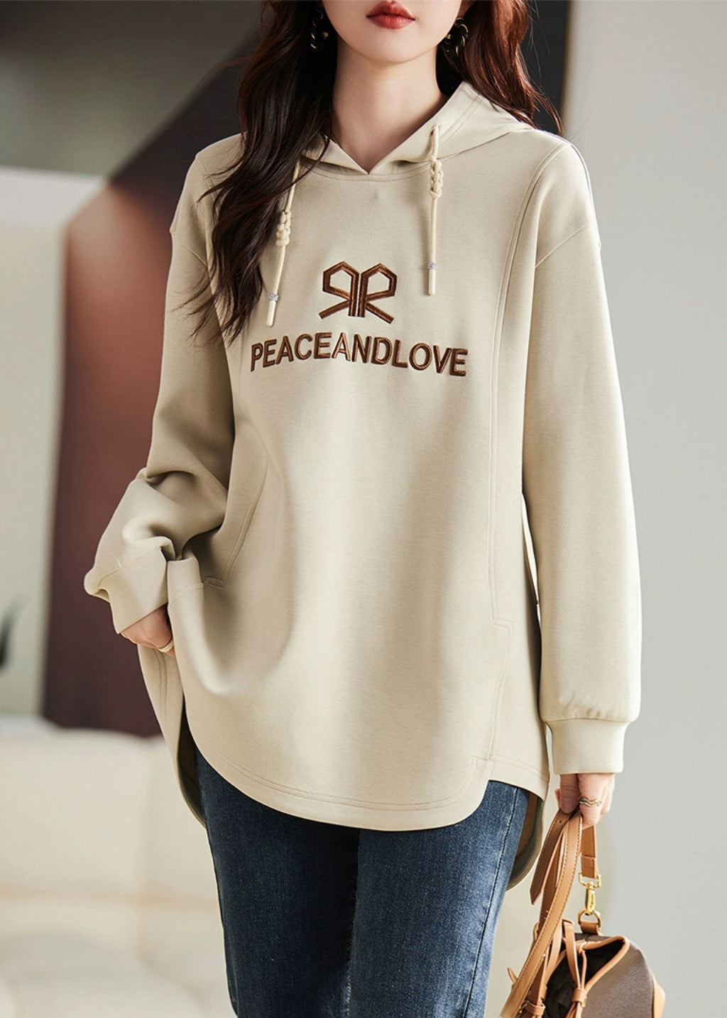 Fashion Apricot Embroideried Cotton Sweatshirts Top Spring