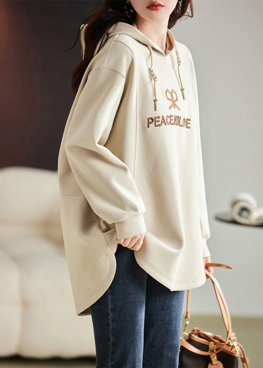 Fashion Apricot Embroideried Cotton Sweatshirts Top Spring