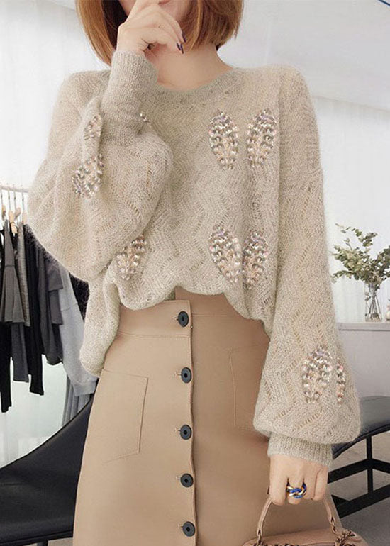 Fashion Apricot O Neck Patchwork Sequins Knit Tops Lantern Sleeve