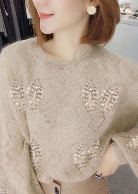 Fashion Apricot O Neck Patchwork Sequins Knit Tops Lantern Sleeve