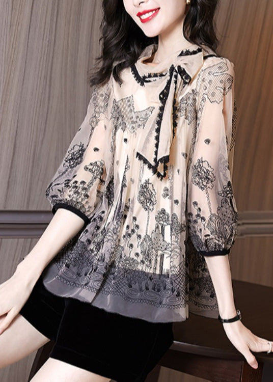 Fashion Apricot Print Lace Patchwork Bow Chiffon Shirts Half Sleeve