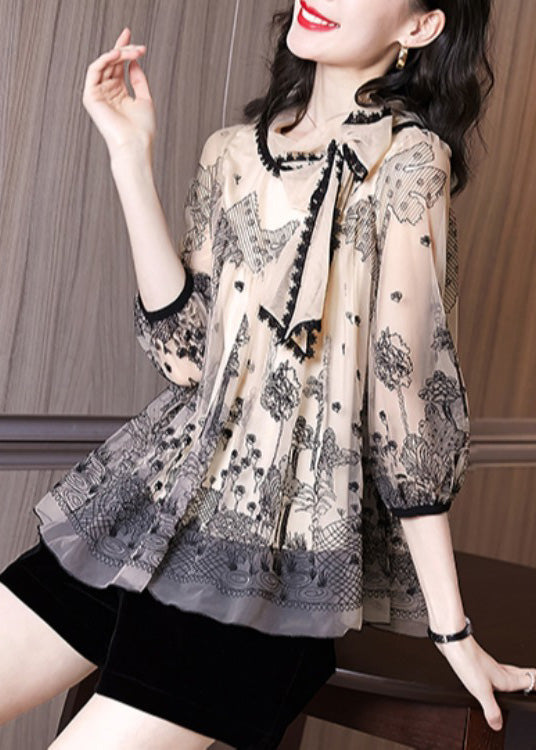 Fashion Apricot Print Lace Patchwork Bow Chiffon Shirts Half Sleeve