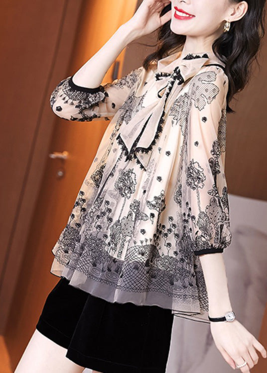 Fashion Apricot Print Lace Patchwork Bow Chiffon Shirts Half Sleeve