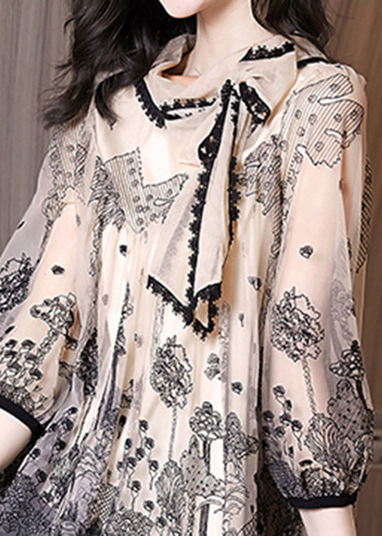 Fashion Apricot Print Lace Patchwork Bow Chiffon Shirts Half Sleeve