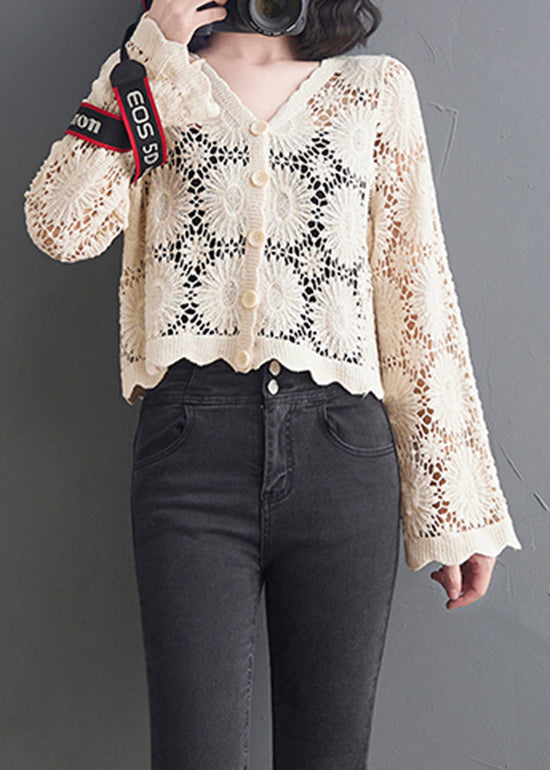 Fashion Apricot V Neck Button Hollow Out Lace Top Long Sleeve