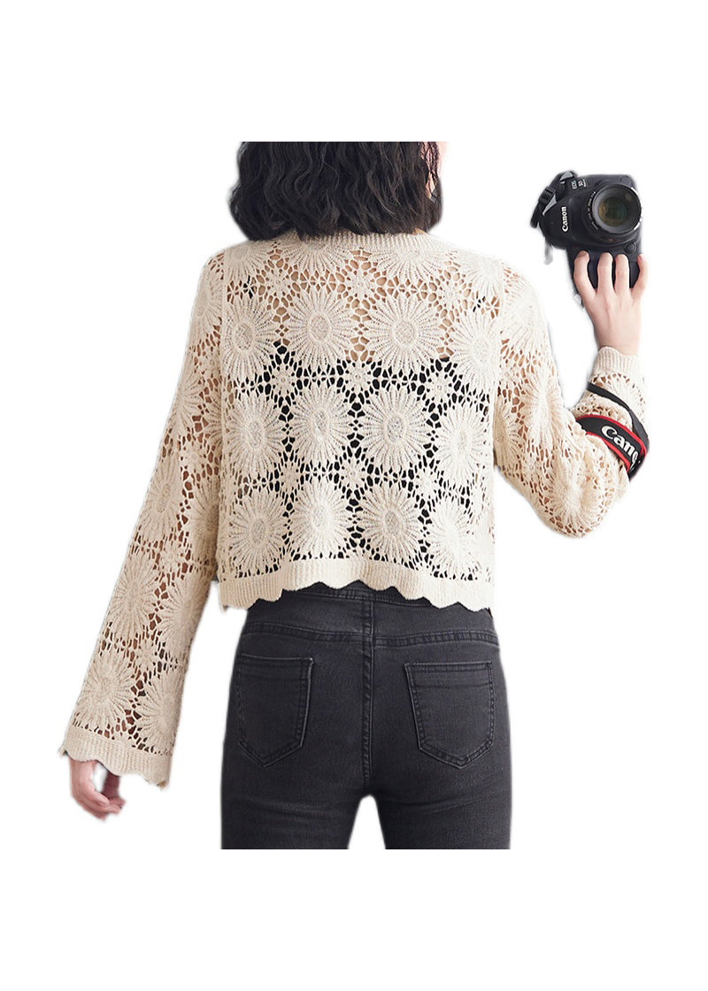 Fashion Apricot V Neck Button Hollow Out Lace Top Long Sleeve
