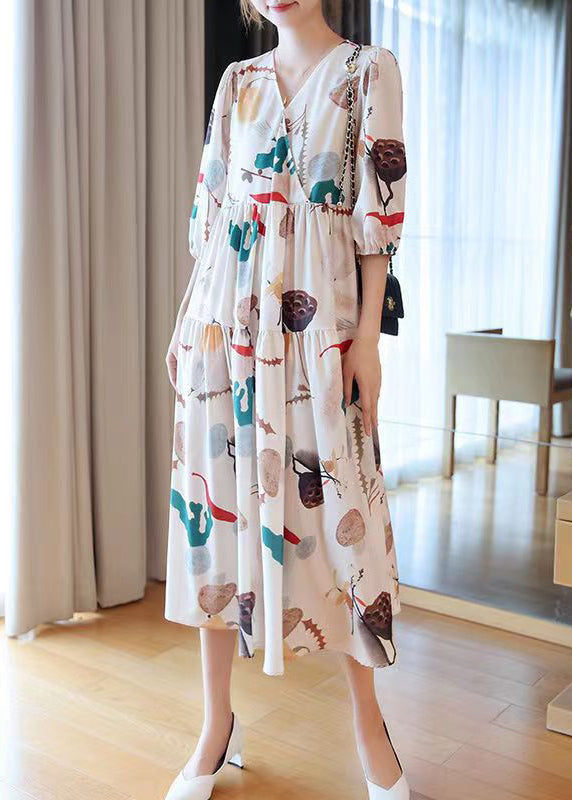 Fashion Apricot V Neck Print Cotton Long Dress Half Sleeve
