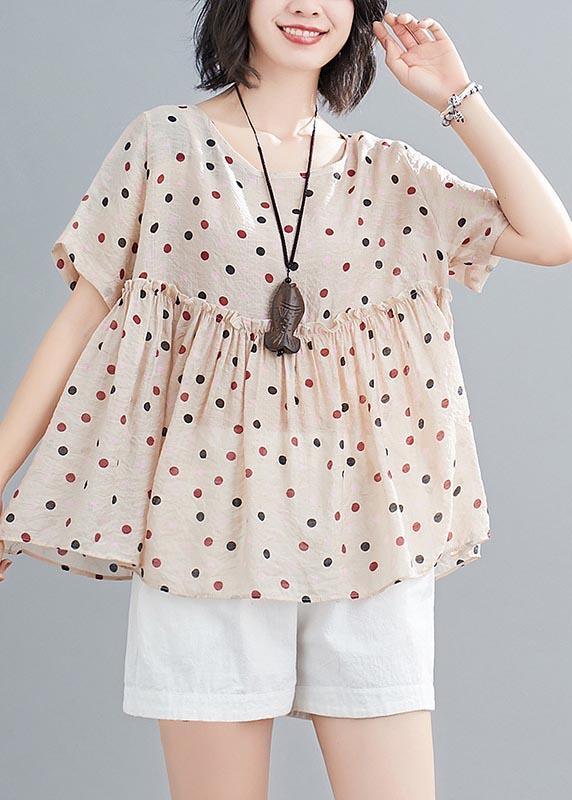 Fashion Beige Dot Cotton Linen Blouse Top Summer - Omychic