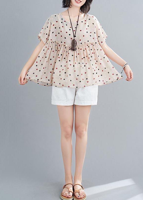 Fashion Beige Dot Cotton Linen Blouse Top Summer - Omychic