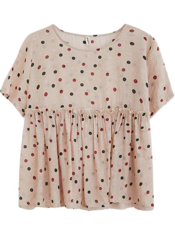 Fashion Beige Dot Cotton Linen Blouse Top Summer - Omychic