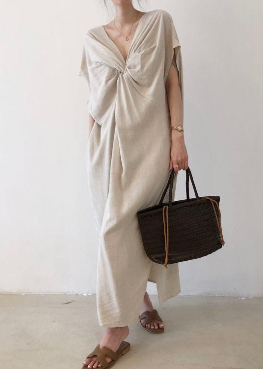 Fashion Beige V Neck Cotton Short Sleeve Long Dresses