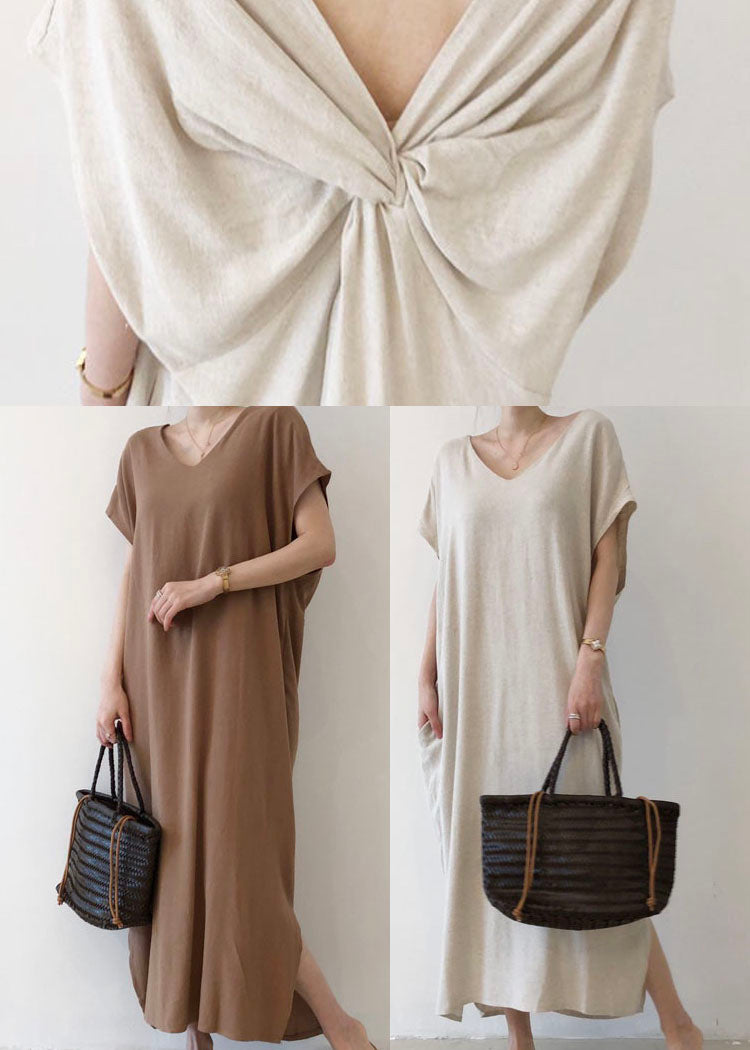 Fashion Beige V Neck Cotton Short Sleeve Long Dresses