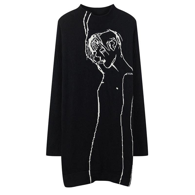 Fashion Black Abstract Portrait Knit Blouse High Neck Plus Size Clothing Knitwear - Omychic