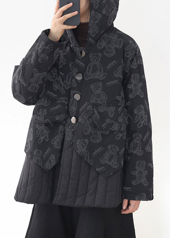 Fashion Black Button Patchwork Print Pockets Hooded Parka Long Sleeve