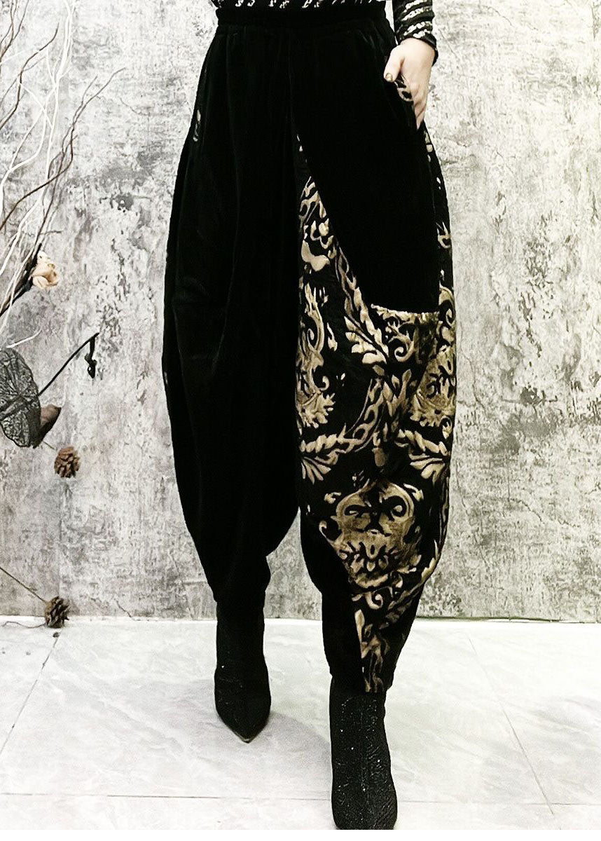 Fashion Black Embroideried Pockets Patchwork Corduroy Lantern Pants Spring