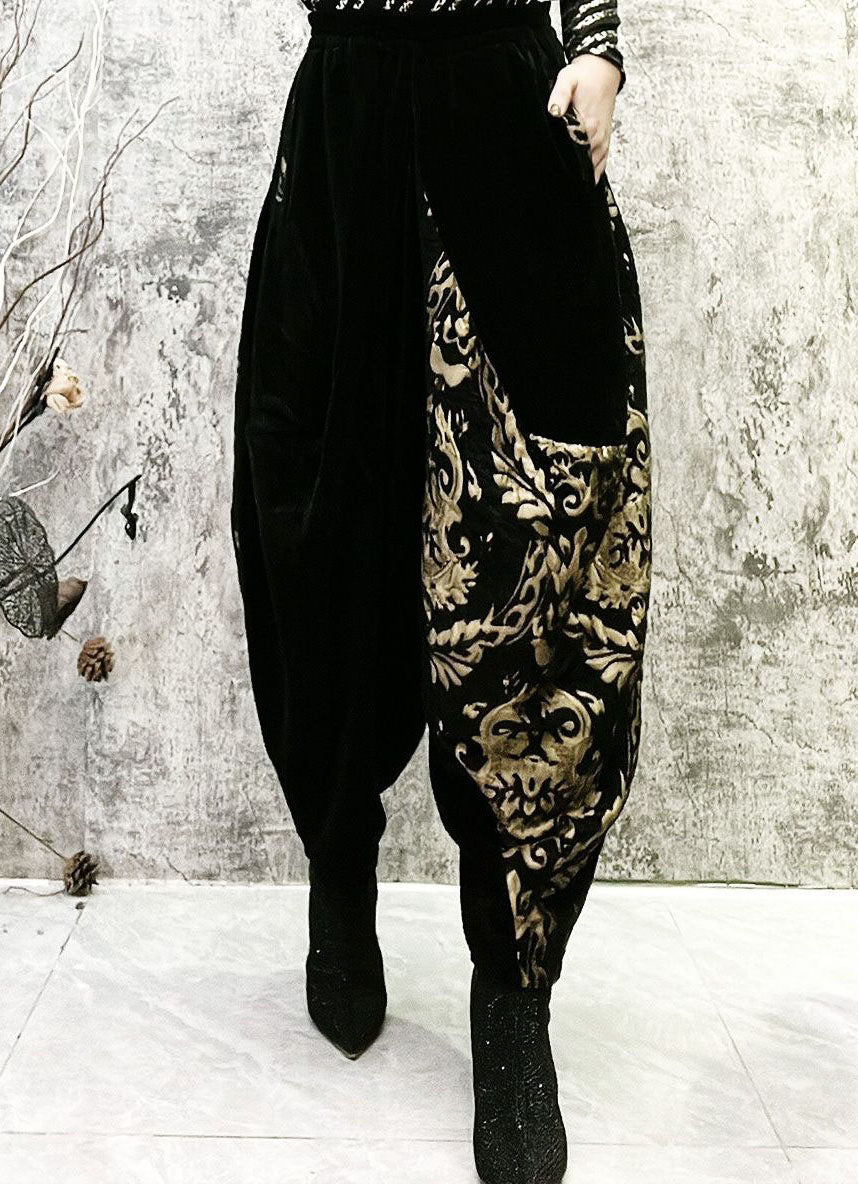 Fashion Black Embroidered Pockets Patchwork Corduroy Lantern Pants Spring