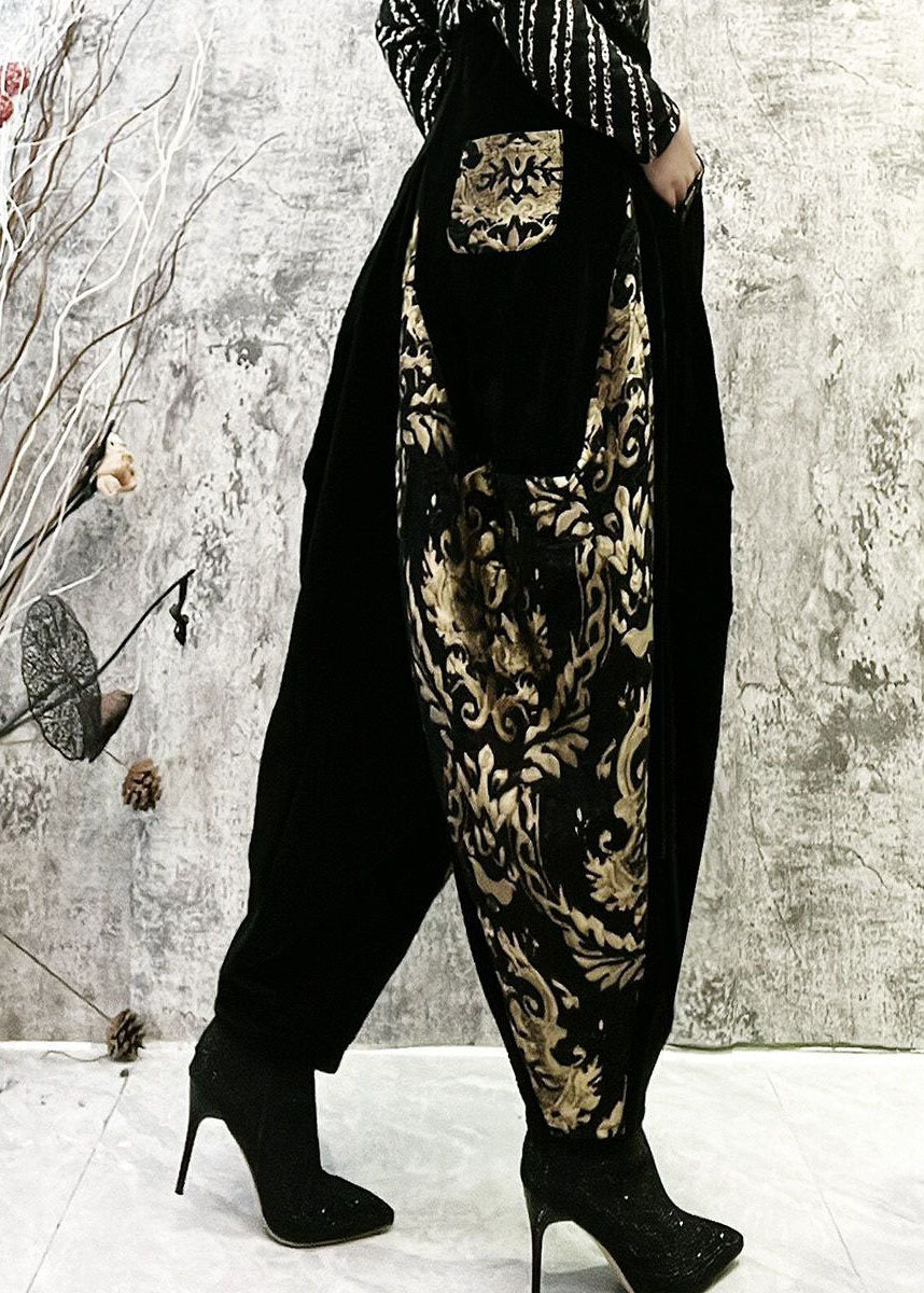 Fashion Black Embroidered Pockets Patchwork Corduroy Lantern Pants Spring