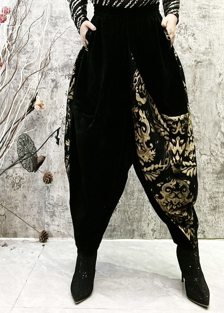 Fashion Black Embroidered Pockets Patchwork Corduroy Lantern Pants Spring
