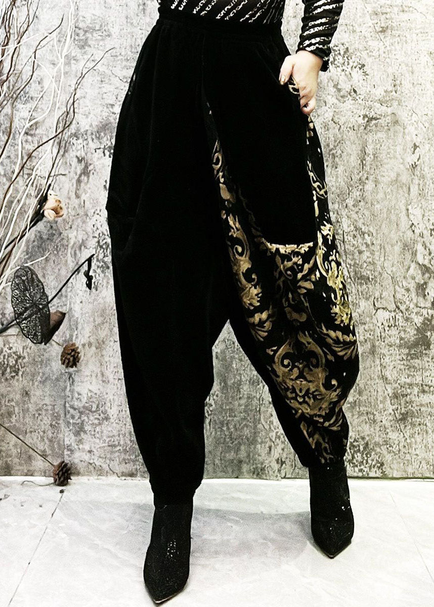 Fashion Black Embroidered Pockets Patchwork Corduroy Lantern Pants Spring