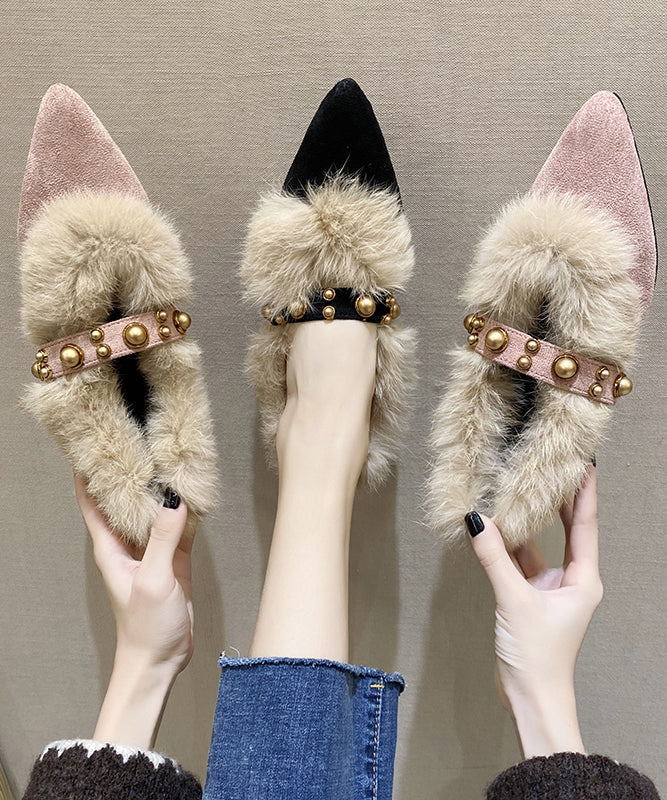 Fashion Black Fuzzy Wool Lined Chunky Suede Rivet Pointed Toe Penny Loafers