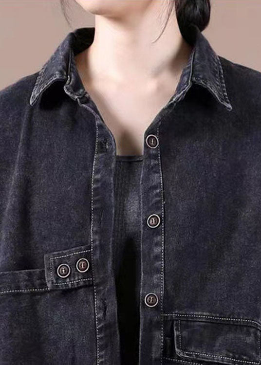 Fashion Black Loose Button Patchwork asymmetrical design Fall Denim Long sleeve Blouse Tops