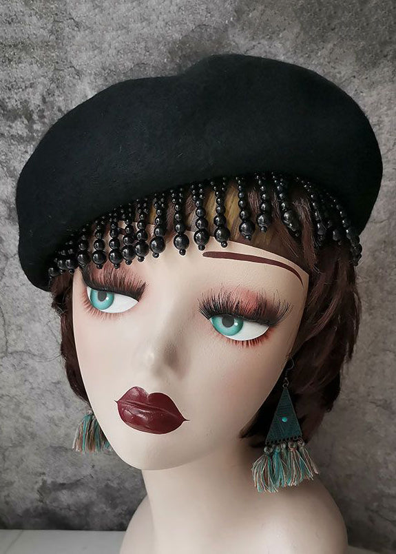 Fashion Black Nail Bead Tasseled Woolen Beret Hat