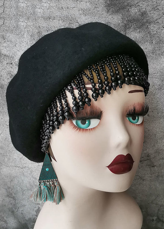 Fashion Black Nail Bead Tasseled Woolen Beret Hat