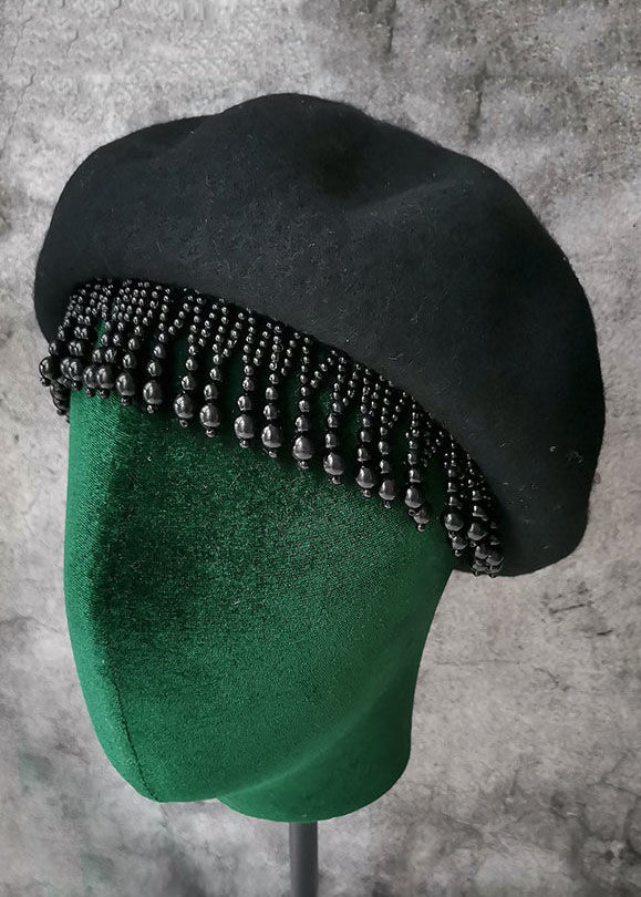 Fashion Black Nail Bead Tasseled Woolen Beret Hat