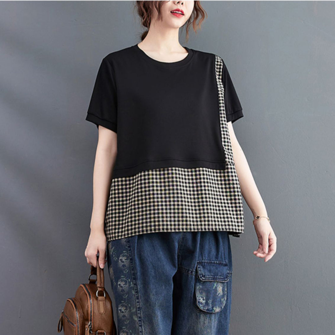 Fashion Black O-Neck Asymmetrical Plaid Patchwork Tops Short Sleeve