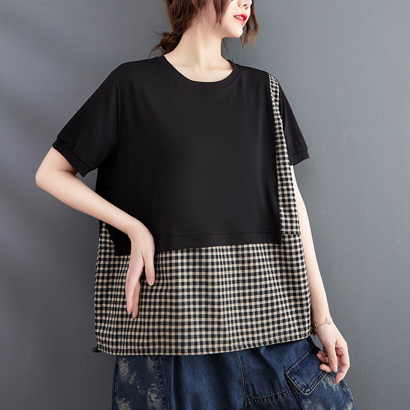 Fashion Black O-Neck Asymmetrical Plaid Patchwork Tops Short Sleeve