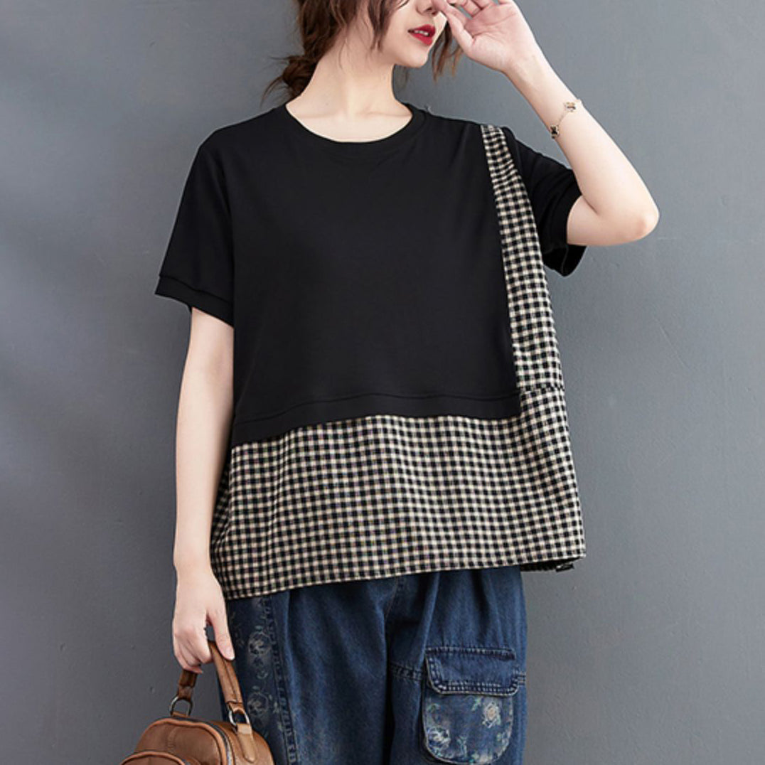 Fashion Black O-Neck Asymmetrical Plaid Patchwork Tops Short Sleeve