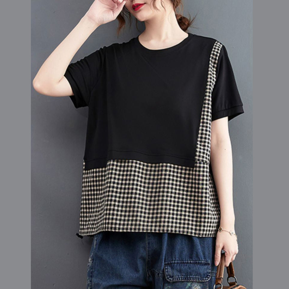 Fashion Black O-Neck Asymmetrical Plaid Patchwork Tops Short Sleeve