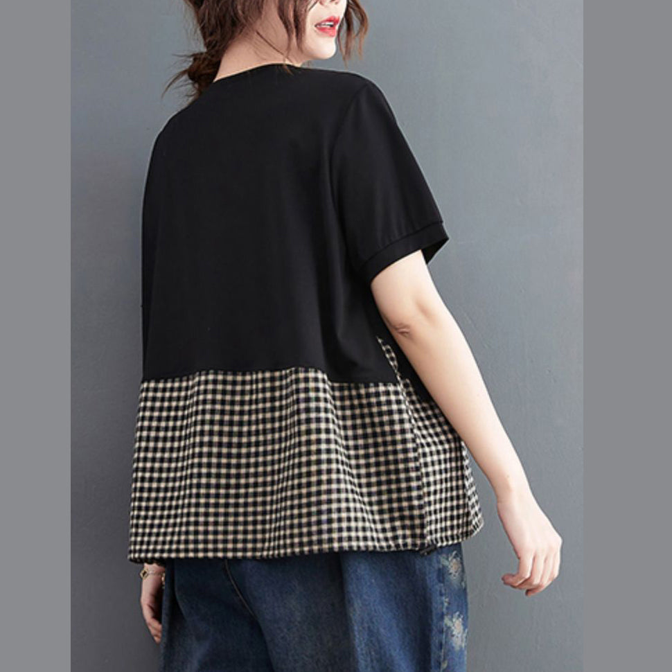 Fashion Black O-Neck Asymmetrical Plaid Patchwork Tops Short Sleeve