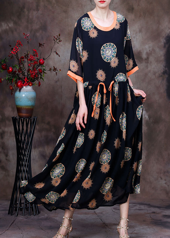 Fashion Black O-Neck Drawstring Patchwork Print Chiffon Long Dress Half Sleeve