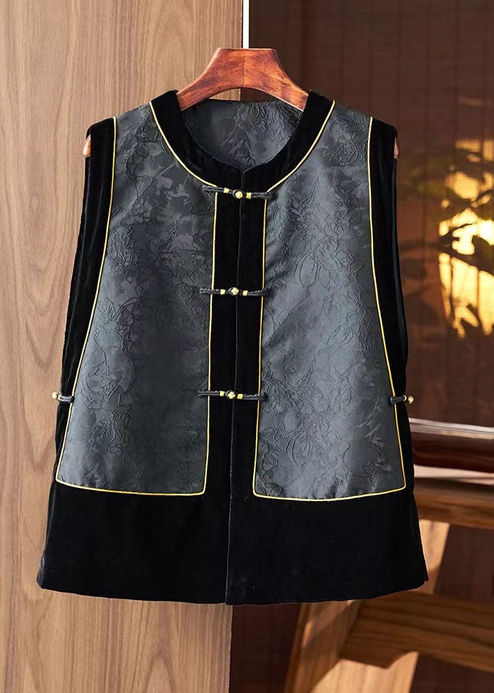 Fashion Black O-Neck Embroideried Silk Patchwork Waistcoat Sleeveless