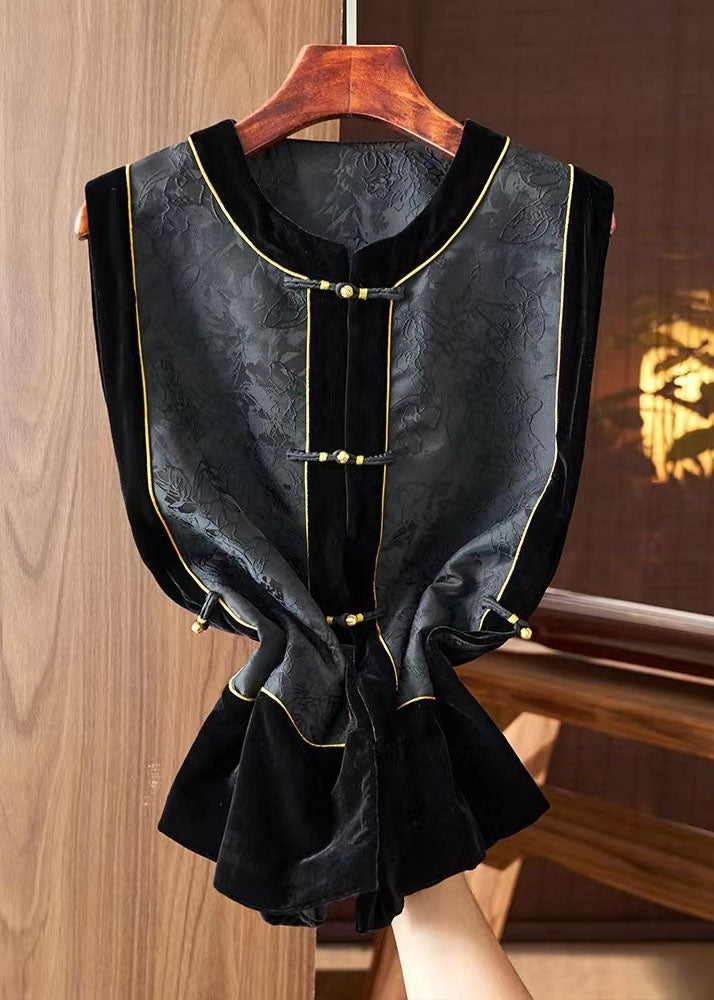 Fashion Black O-Neck Embroideried Silk Patchwork Waistcoat Sleeveless