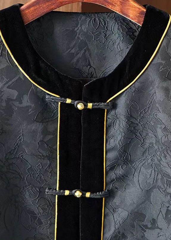 Fashion Black O-Neck Embroideried Silk Patchwork Waistcoat Sleeveless