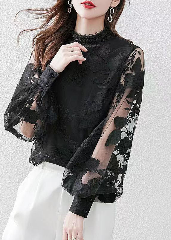 Fashion Black O-Neck Floral Lace Shirt Puff Sleeve