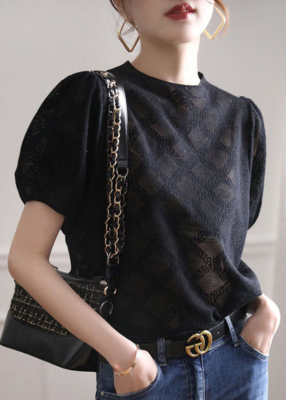 Fashion Black O-Neck Hollow Out Knit T Shirt Tops Summer