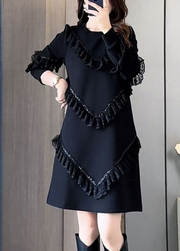 Fashion Black O-Neck Ruffled Patchwork Mid Dress Fall